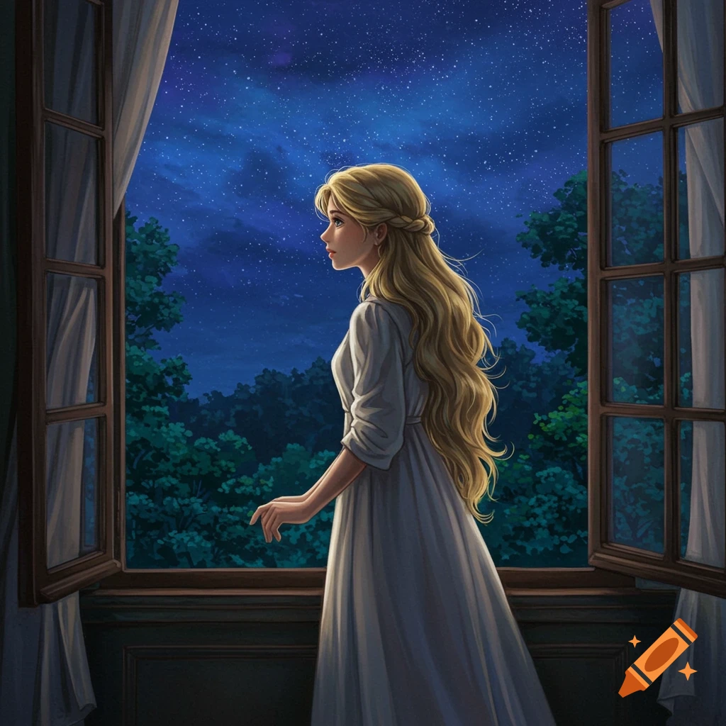 A woman in a white dress looks out a window at a starry night sky, Ghibli style.