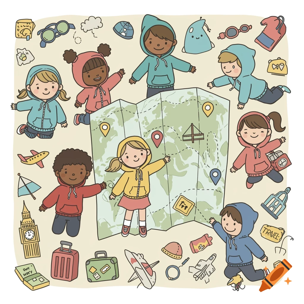 A whimsical illustration shows diverse children around a map with travel icons like planes, suitcases, and landmarks.