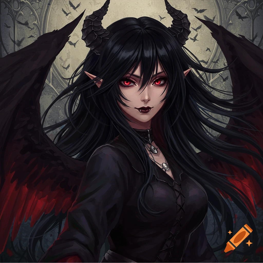 Anime illustration of a black-haired devil girl with horns, fangs, and wings.