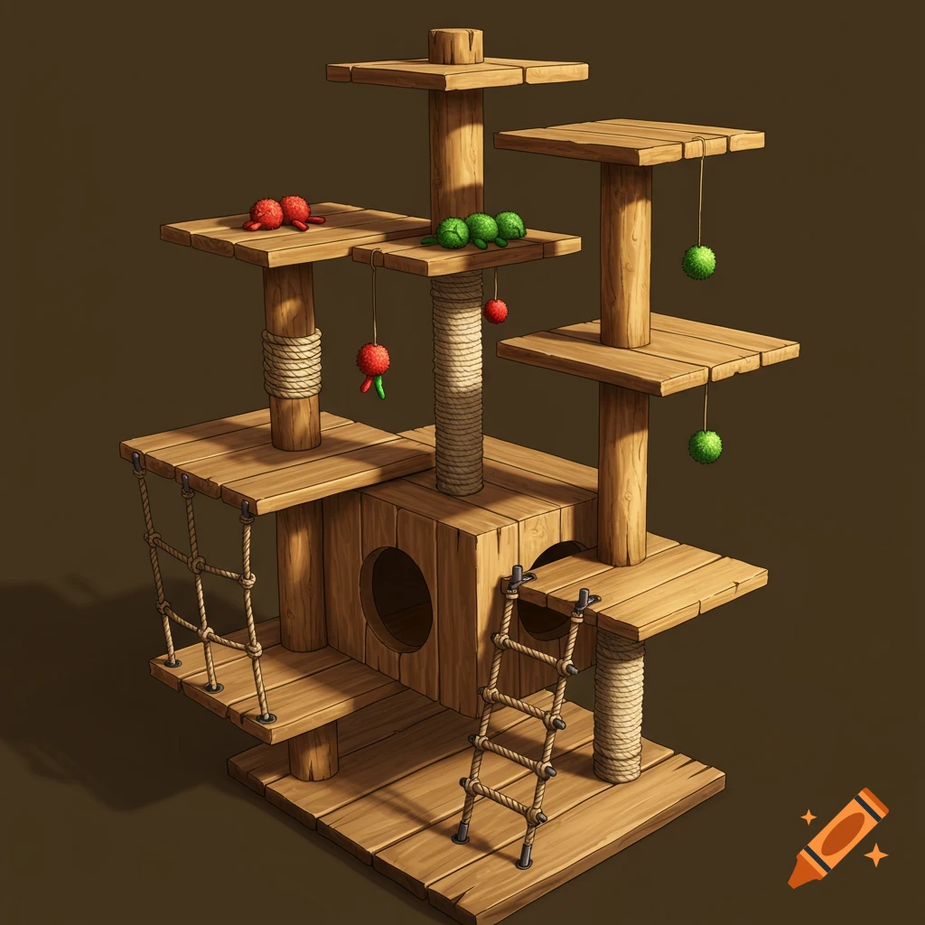 A multi-level wooden cat tower with scratching posts, ladders, and hanging toys.