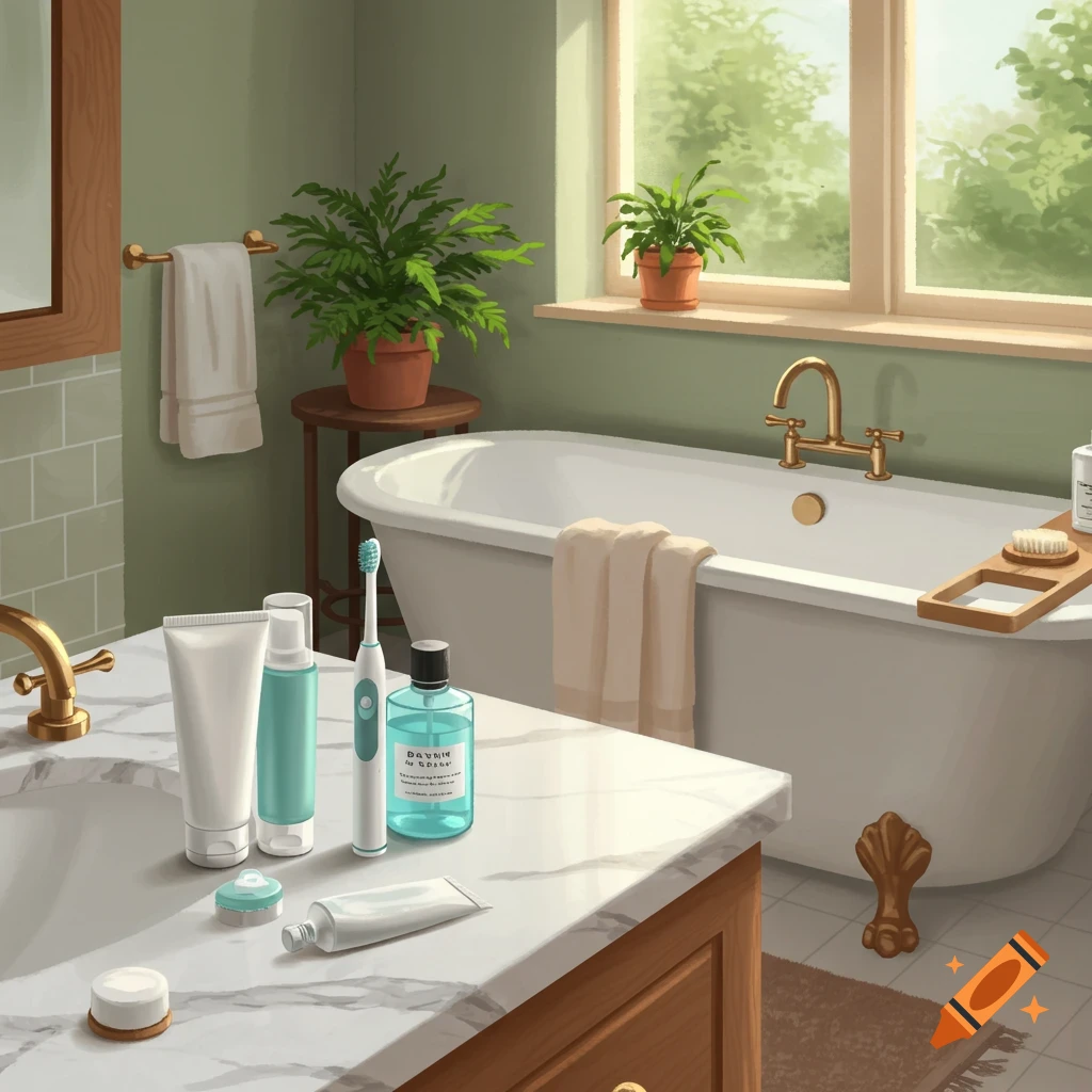 Cozy bathroom with a bathtub, plants, and dental hygiene products on the counter.