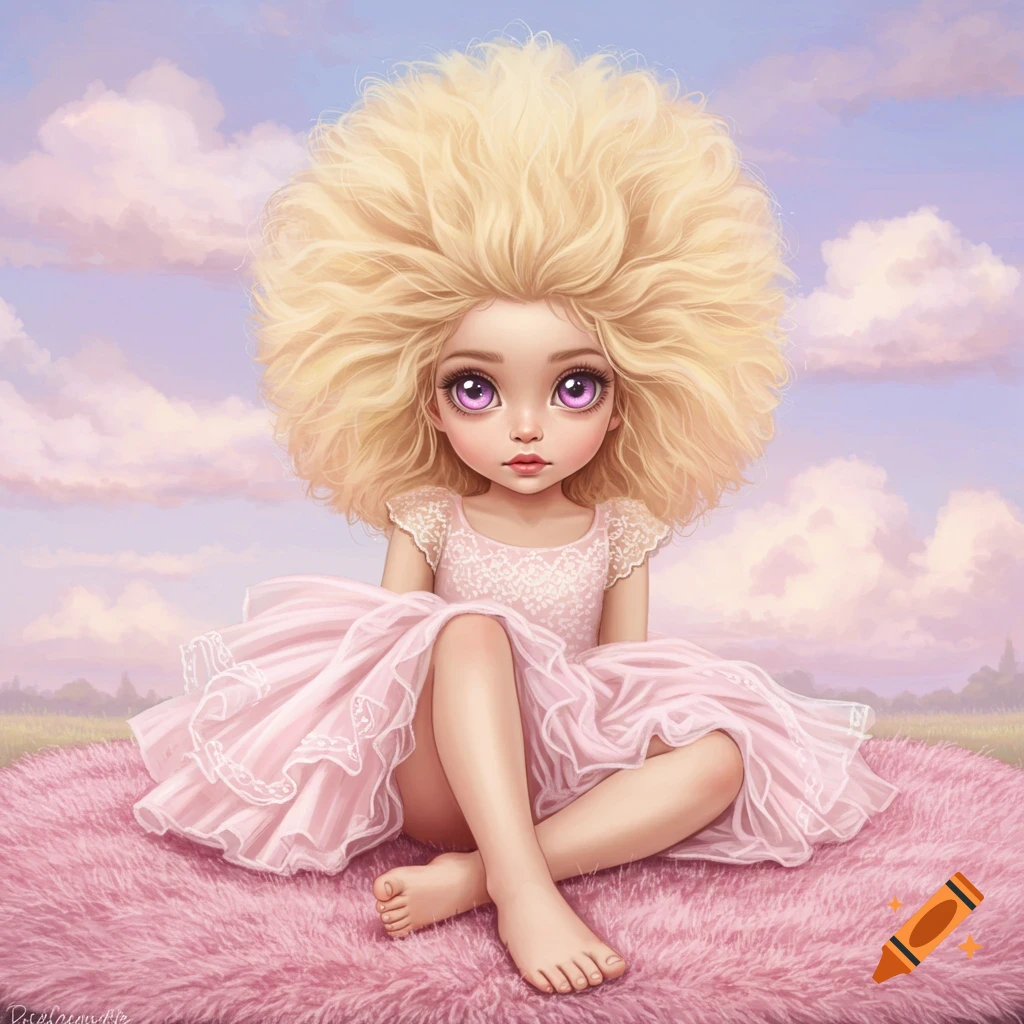 A stylized girl with large blonde hair and pink eyes is sitting on a pink rug.