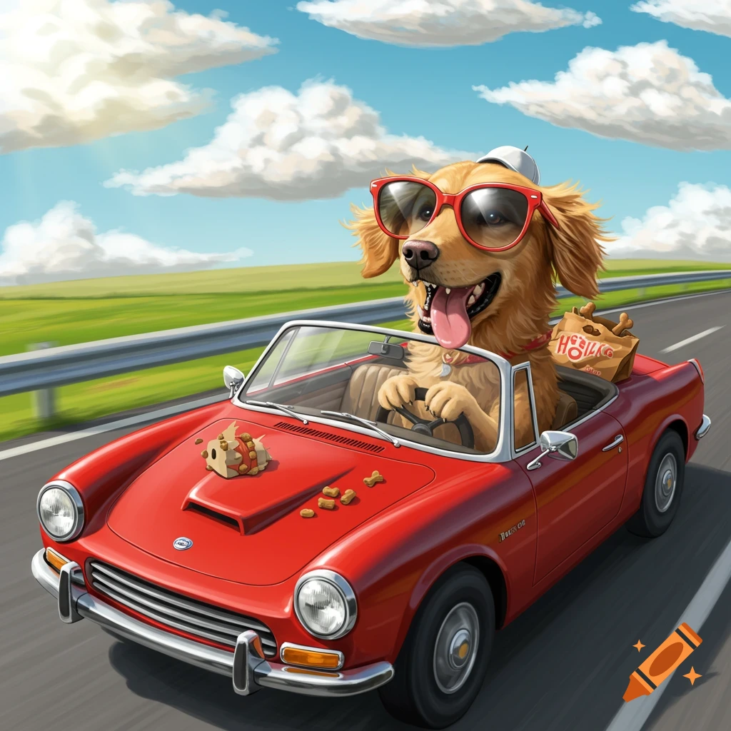 A golden retriever wearing sunglasses drives a red convertible down a highway.
