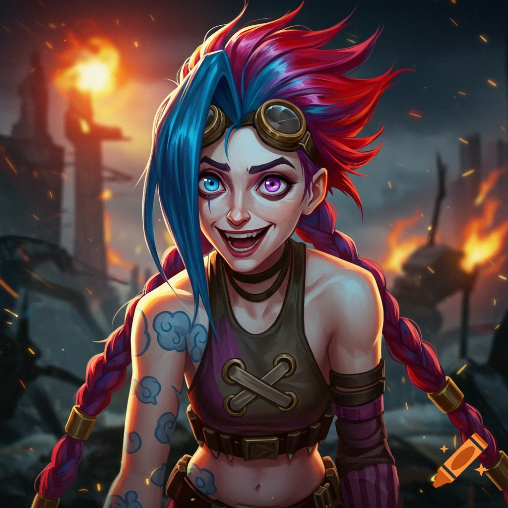 Jinx grins in a ruined city amidst fire and explosions.