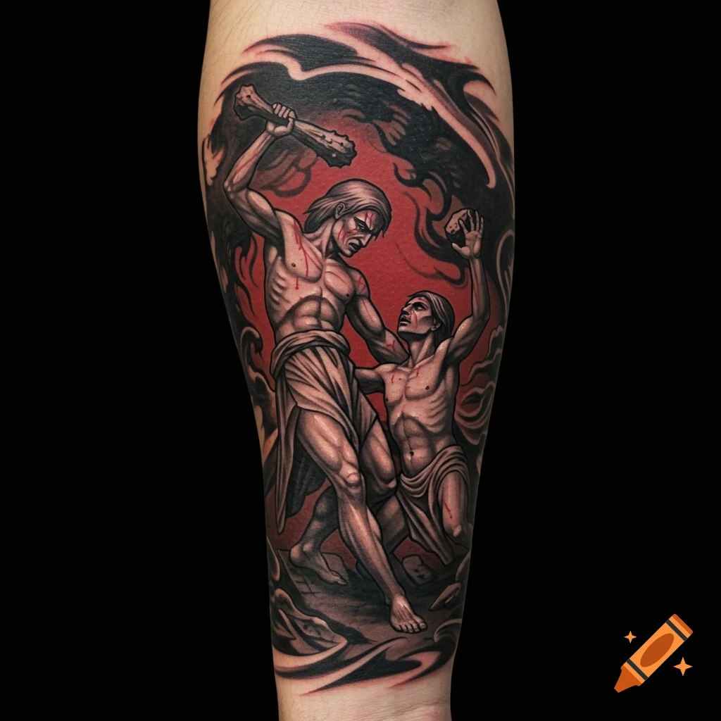 Cain raises a club over Abel, rendered in a dark tattoo art style with a red background.