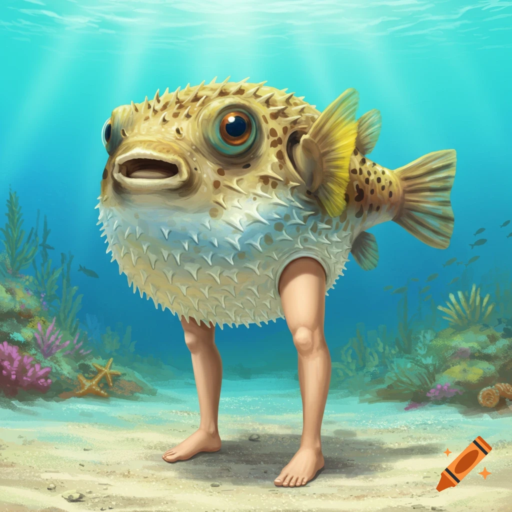 A pufferfish with human legs stands on the seabed.