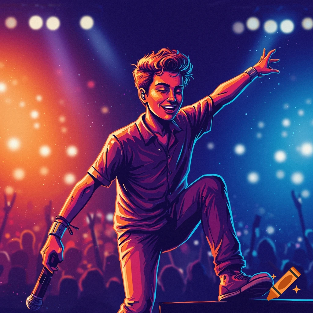 A person is on stage, holding a microphone and performing in front of a crowd under red and blue lights.