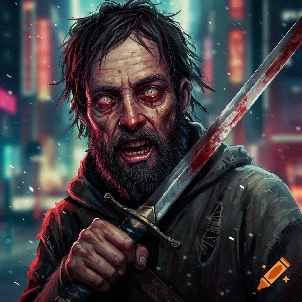 Image of a man with bloodshot eyes holding a bloody sword in a city.