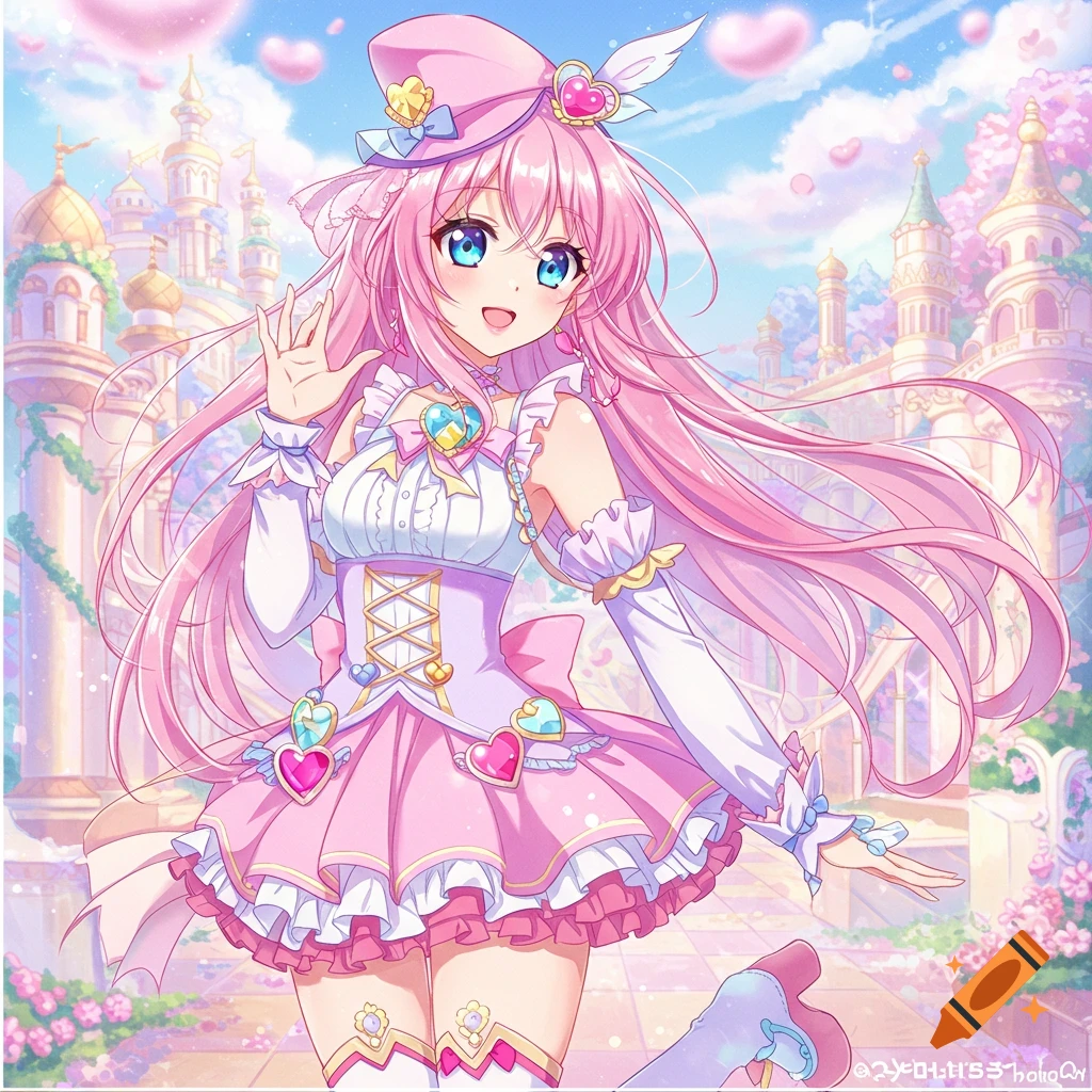 An anime girl with pink hair and blue eyes, wearing a pink magical dress, waves in front of a fantasy castle.