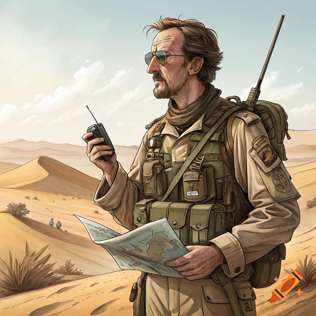 A soldier in military gear stands in a desert, holding a radio and looking at a map.