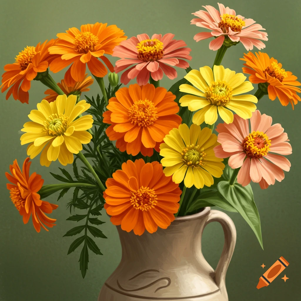 A bouquet of orange, yellow, and peach zinnias and marigolds in a vase.