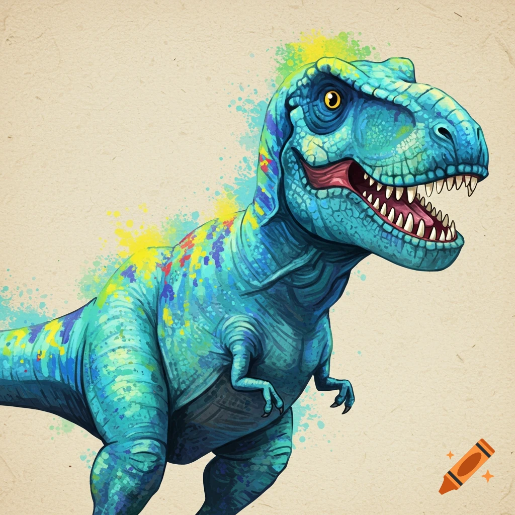 A vibrant blue T-Rex roaring, with colorful paint splatters.