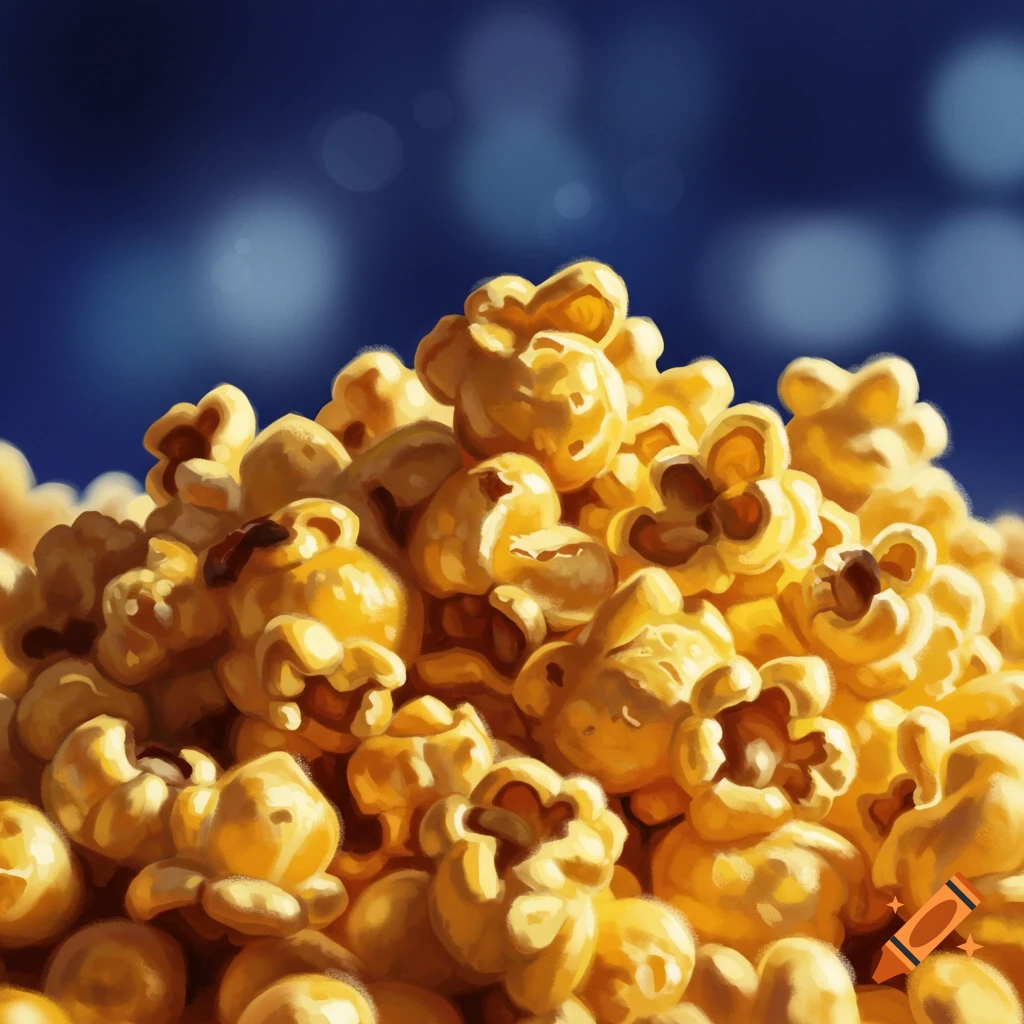 A close-up of buttery popcorn against a blurry blue background.