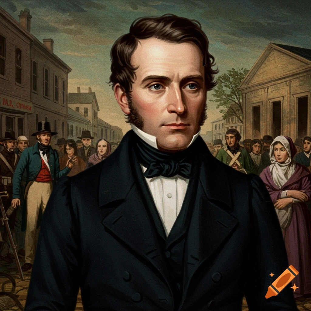 A man in 19th-century clothing in a bustling street scene.