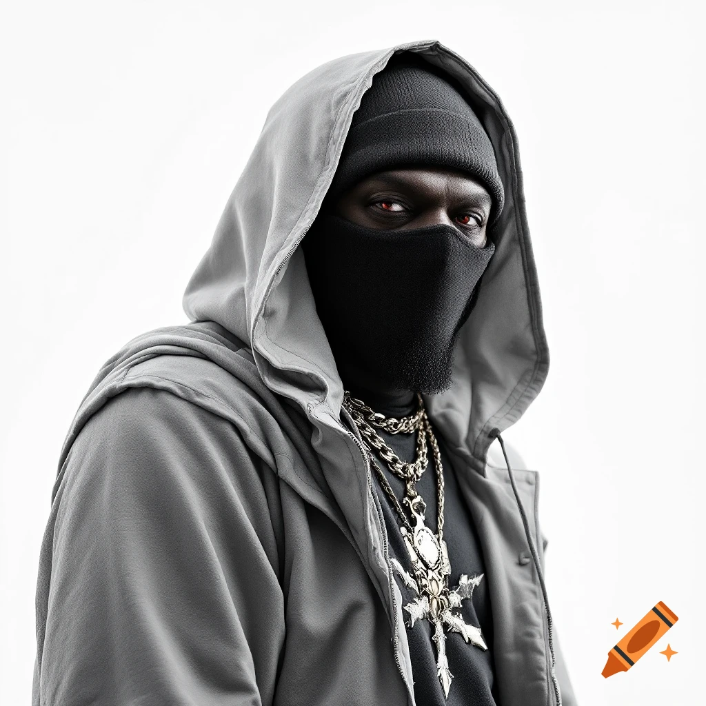 A person in a grey hoodie, black mask, and beanie wearing large gold chains.