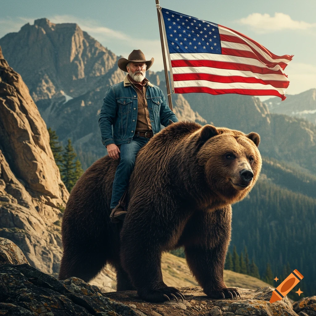 Bearded man in cowboy hat riding a grizzly bear and holding an American flag in the mountains.