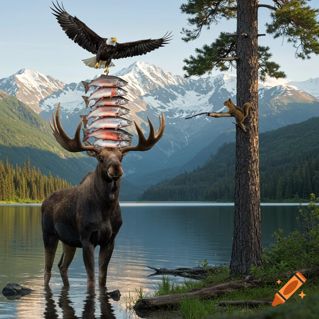 A moose in a lake with fish stacked on its head, an eagle perched on the fish, and a squirrel in a tree, with mountains and lake in the background. Photorealistic.