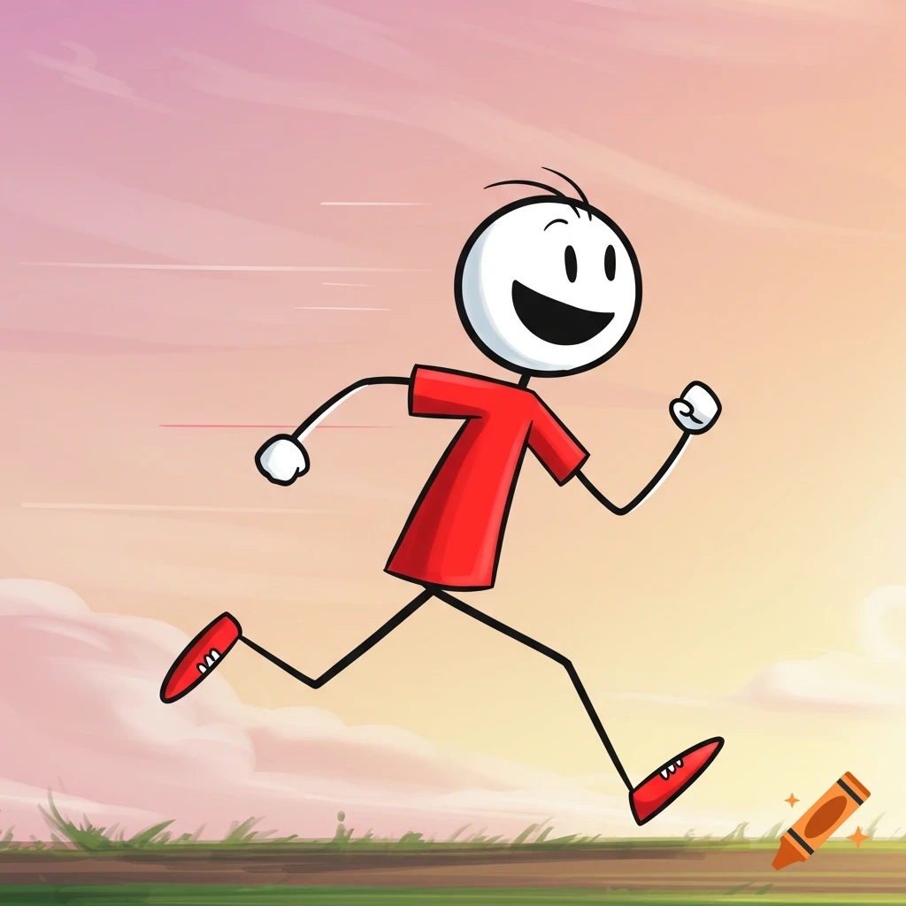 Cartoon stick figure running with red shirt and red shoes against a sunset background.