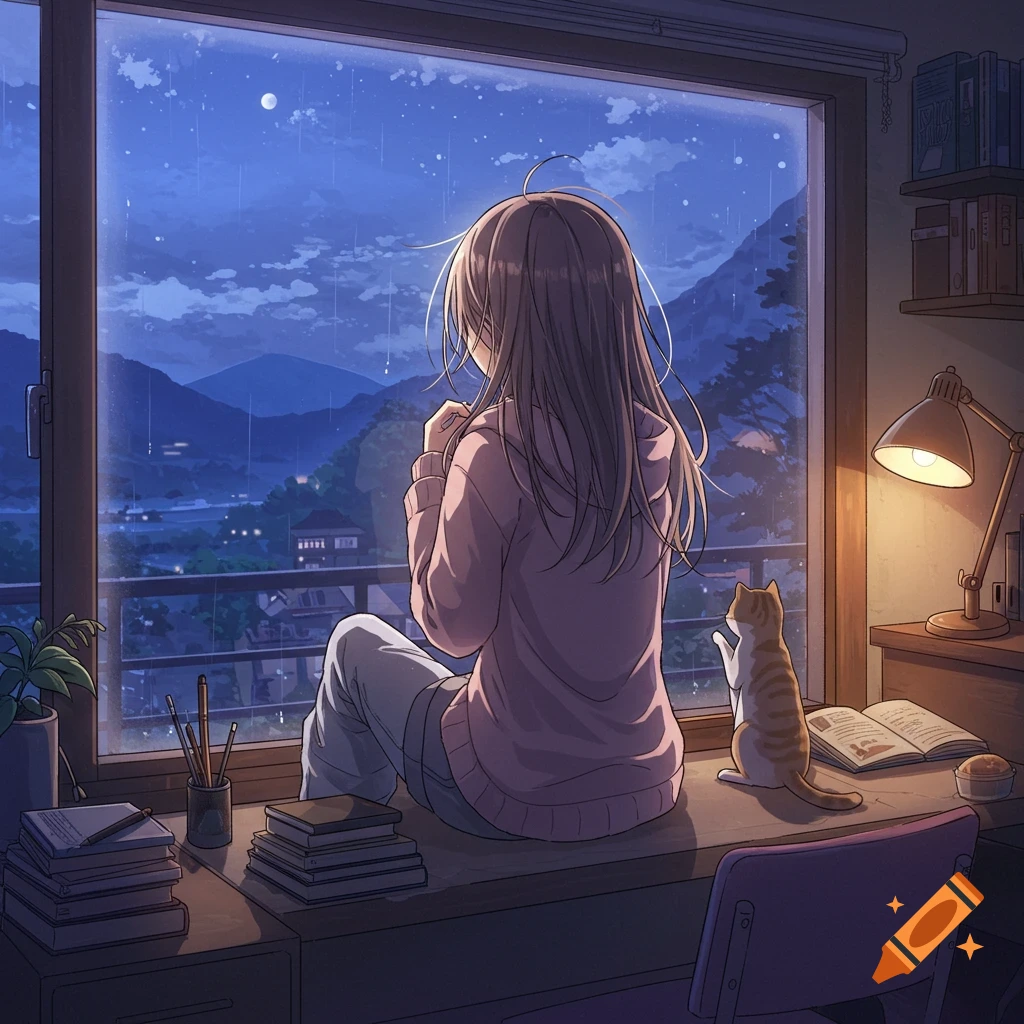 Anime illustration of a girl and a cat looking out a window at a rainy night scene.