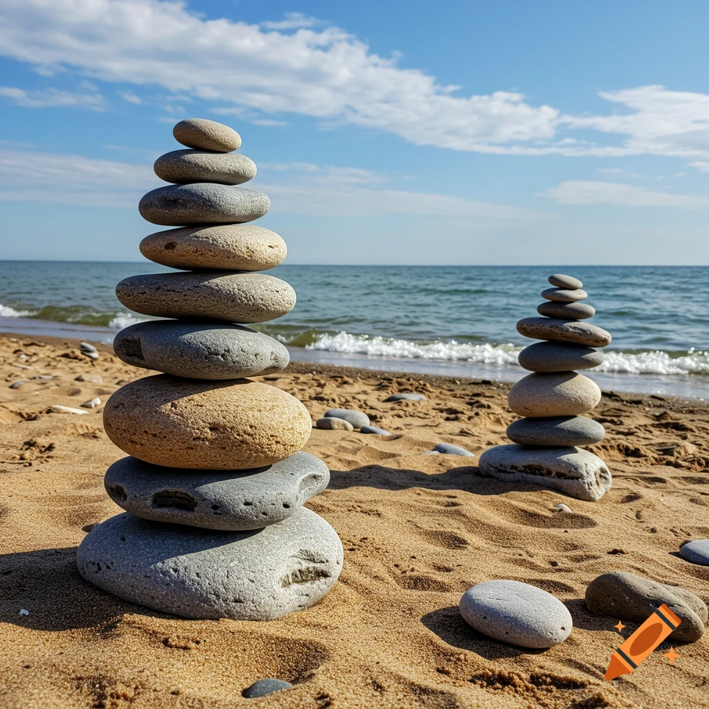 Two stacks of stones on a sandy beach with ocean and blue sky.