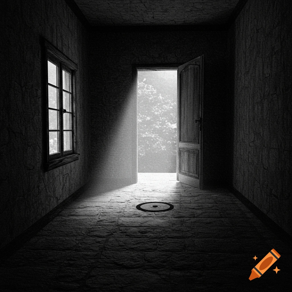 Dark, stylized pencil drawing of an empty room with an open door and window.