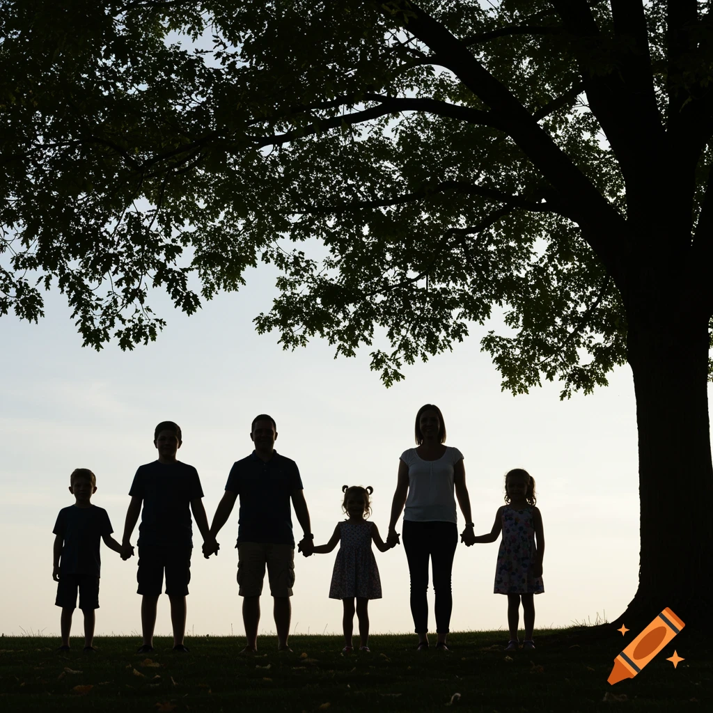 Silhouette of a family of five holding hands under a large tree.