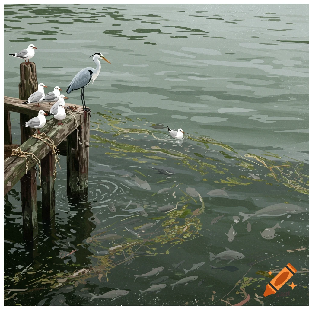 A heron and seagulls are on a dock, looking at fish in green water.