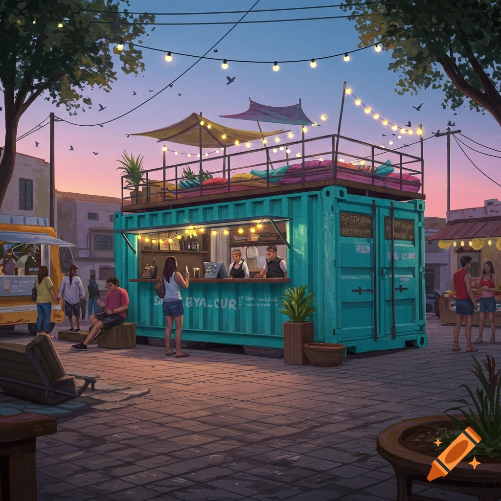A teal shipping container food stand with rooftop seating and string lights sits in a town square at sunset.