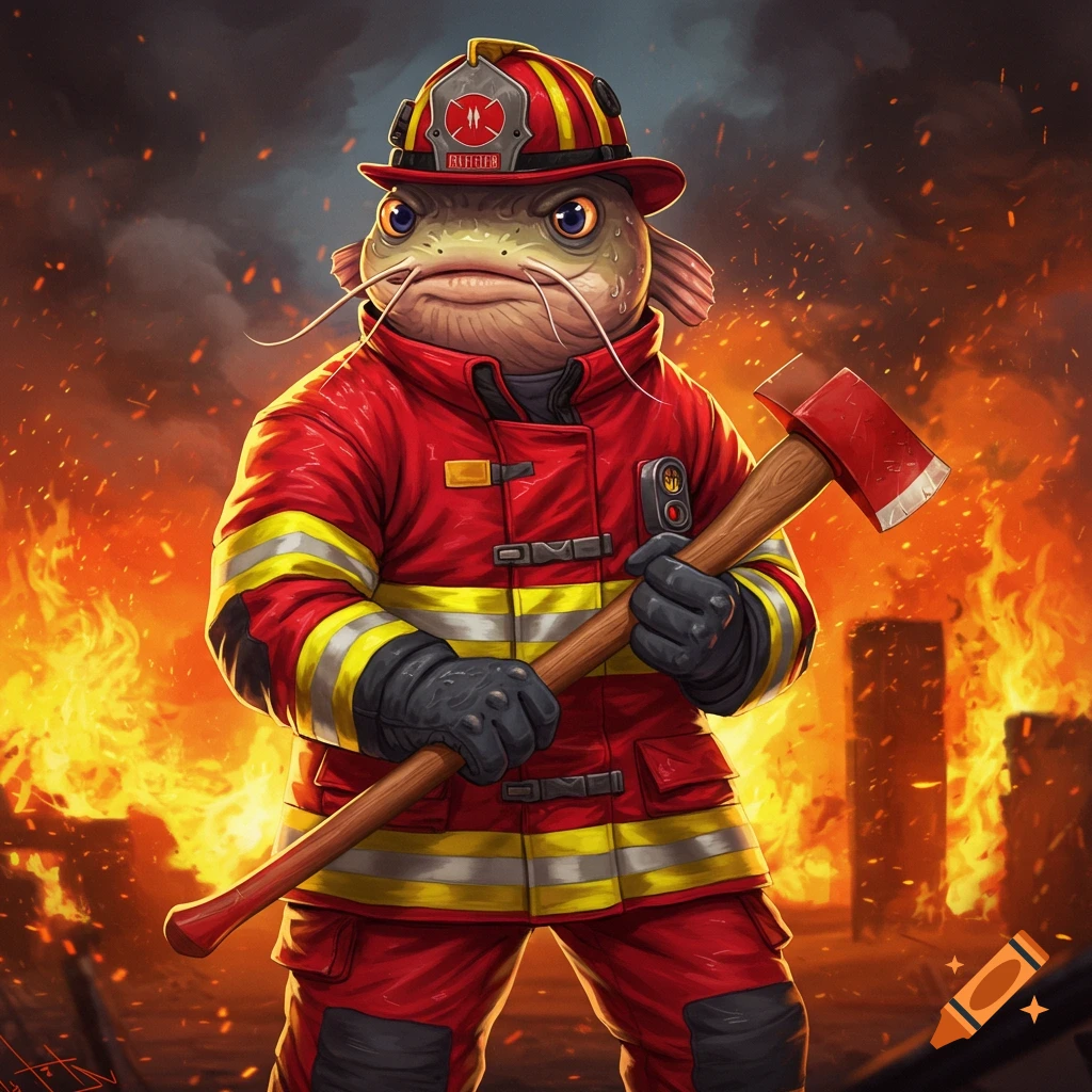 A catfish dressed as a firefighter holding an axe, standing in front of burning buildings.
