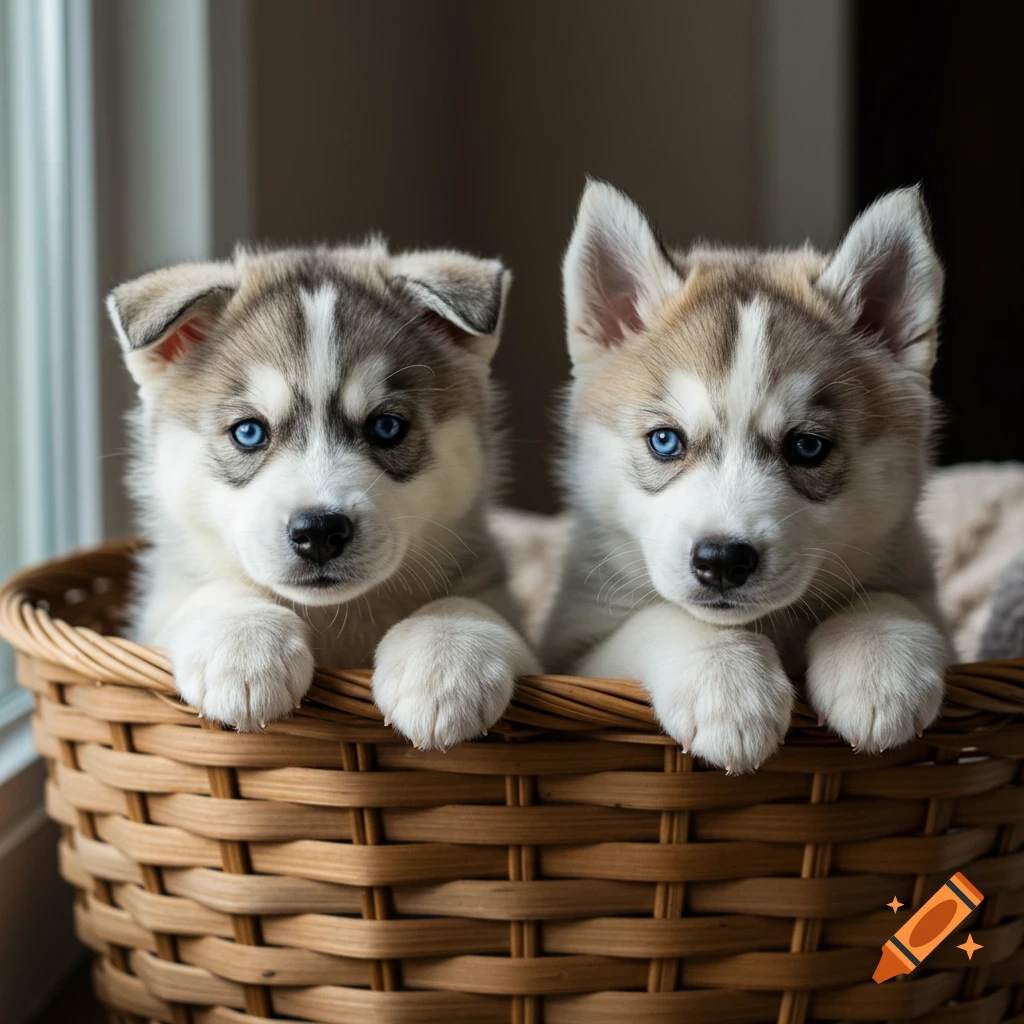 Two husky puppies sit in a basket.