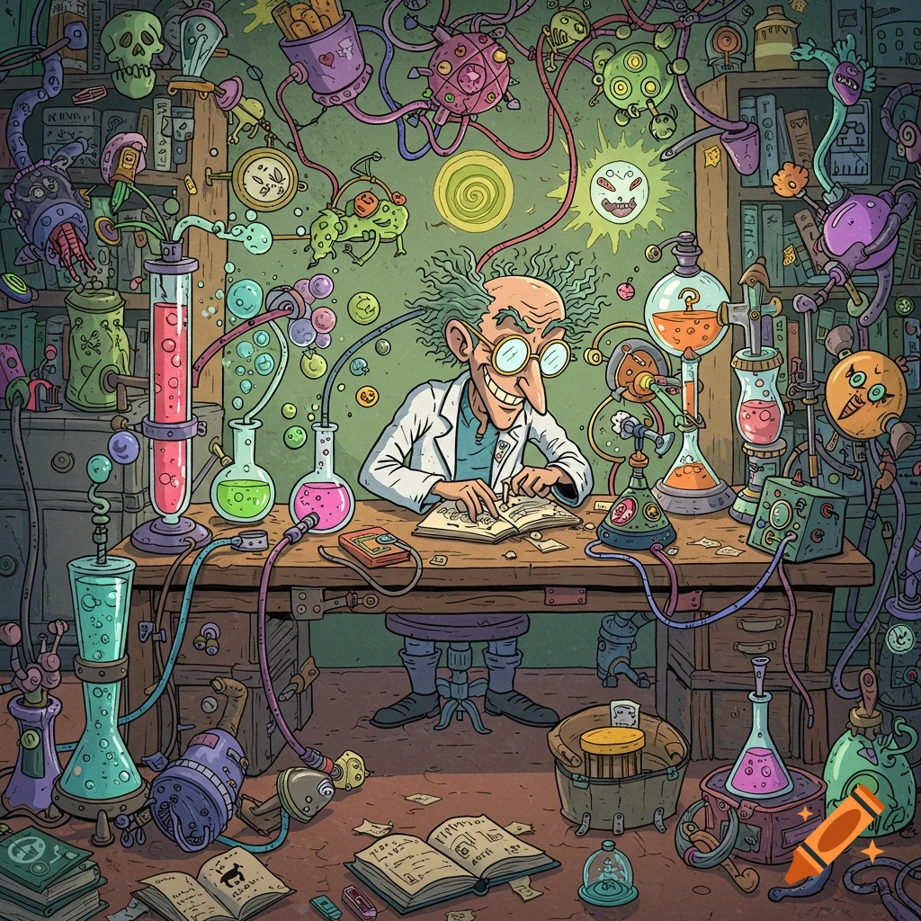 A cartoon illustration of a mad scientist working in a cluttered lab filled with flasks and bubbling potions.