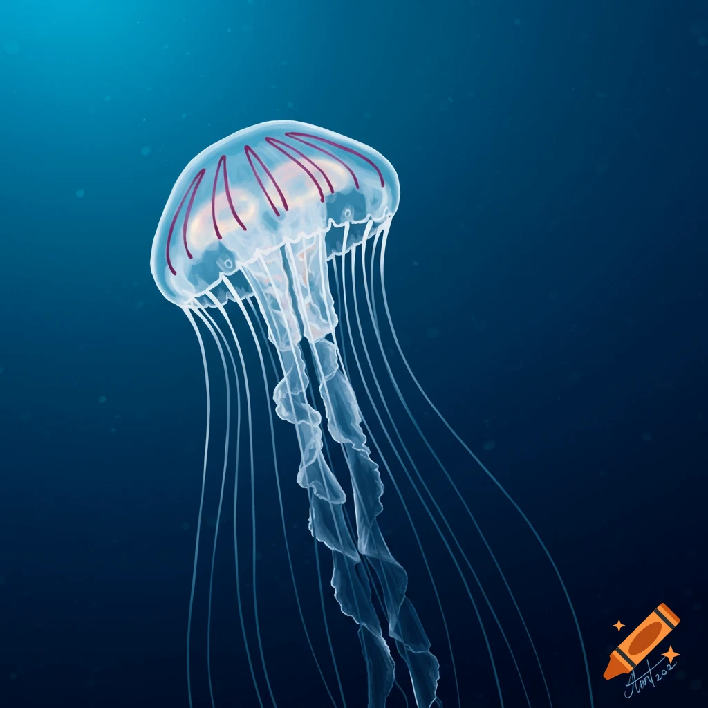 Transparent jellyfish floating in deep blue water.