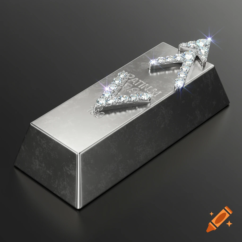 Silver bar with a diamond-studded V and arrow symbol.
