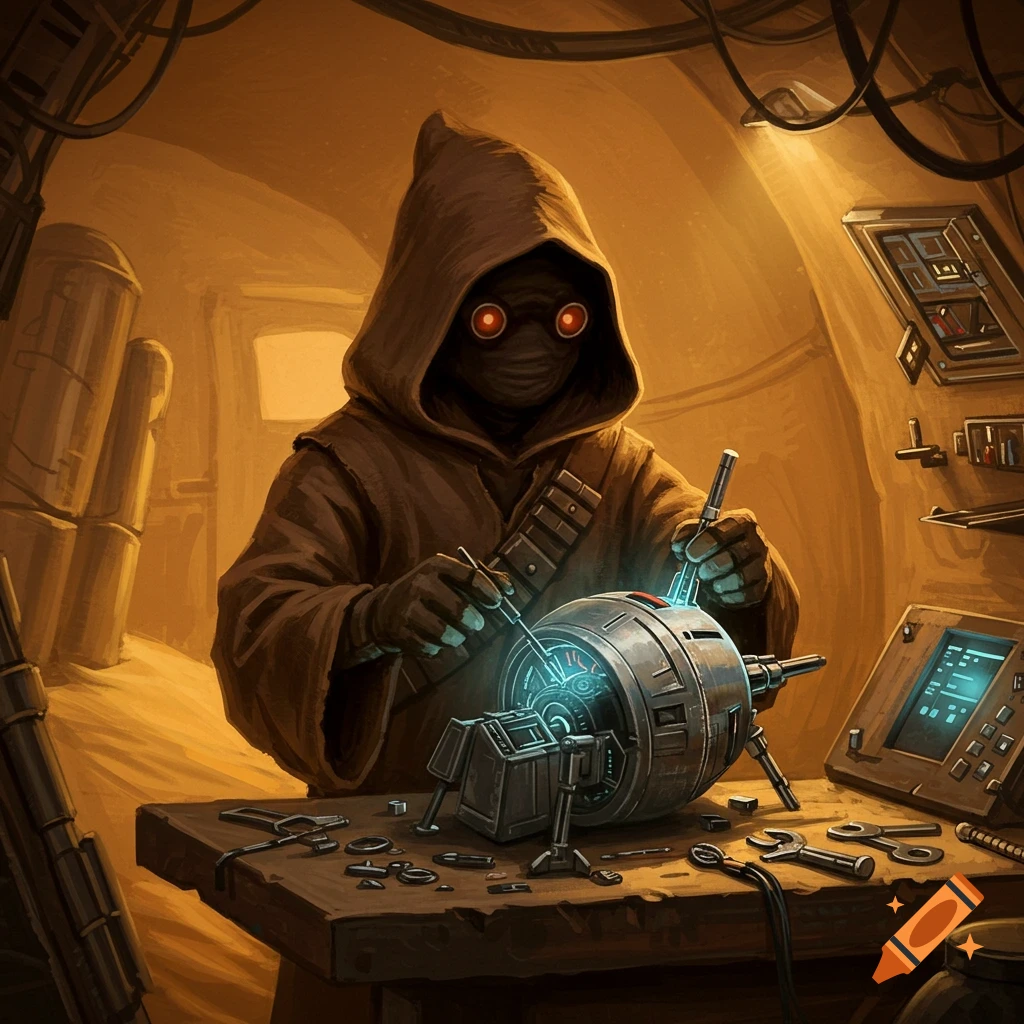 A Jawa engineer working on a droid in a workshop.