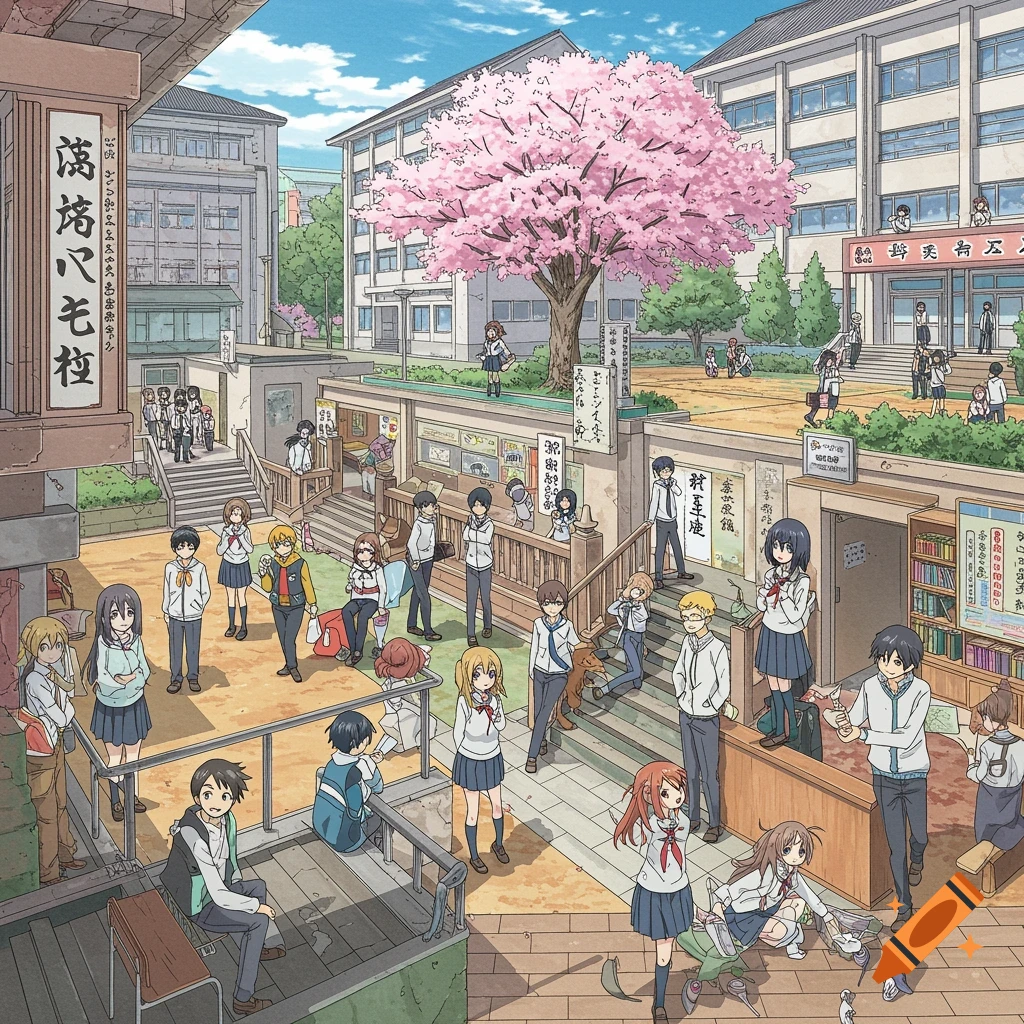 Anime illustration of a bustling Japanese high school courtyard with students and a large cherry blossom tree.