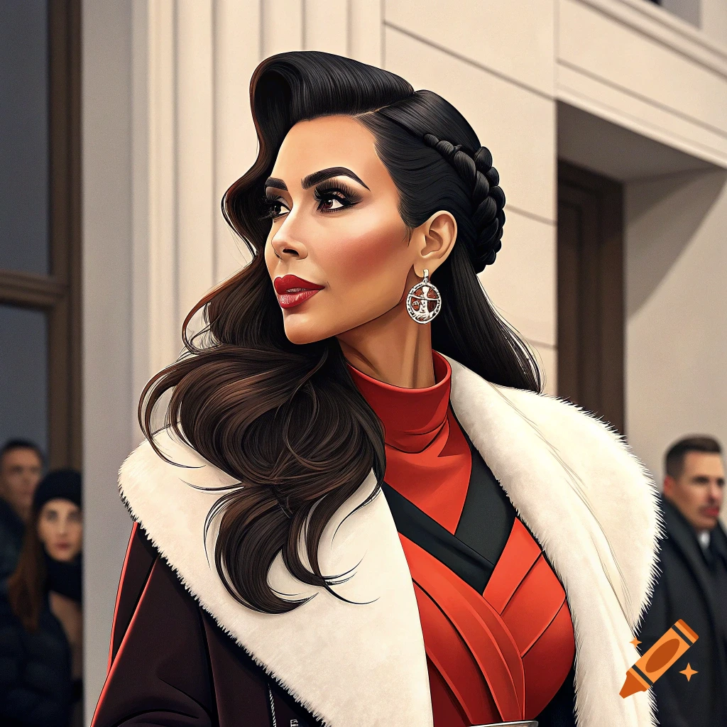 Portrait of a woman with dramatic dark hair wearing a red outfit and white fur-trimmed coat.