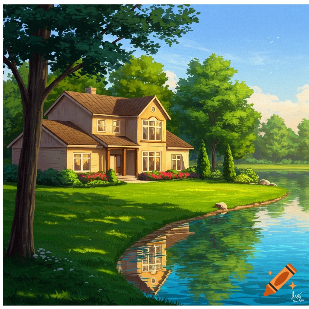 A large house with a brown roof by a lake, surrounded by trees and green grass.