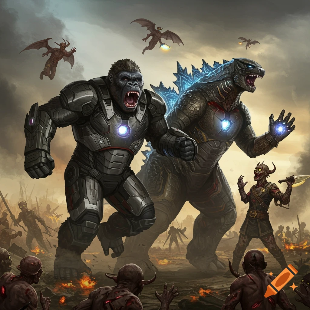 King Kong in armor and Godzilla in armor fighting monsters on a battlefield.