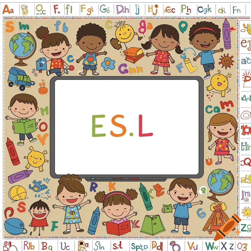 Colorful illustration border with diverse children, school items, letters, and numbers around a whiteboard saying ESL.