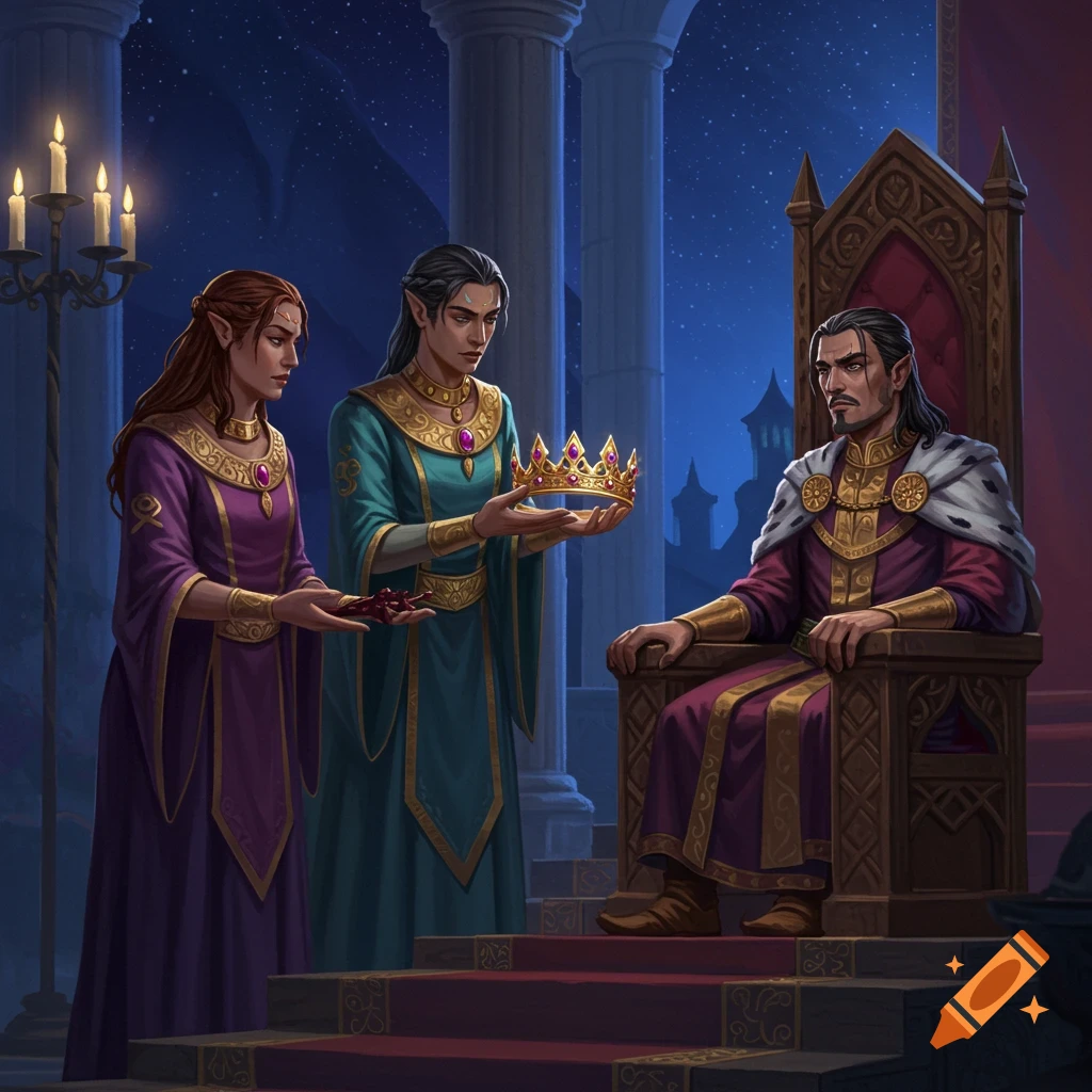Fantasy characters presenting a crown to a king on a throne.