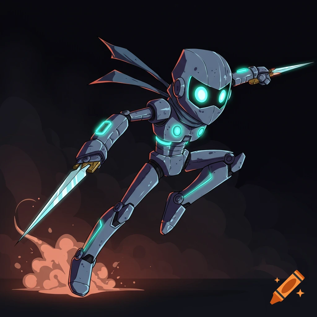 Stylized cartoon of a grey robotic ninja leaping with glowing eyes and blades.