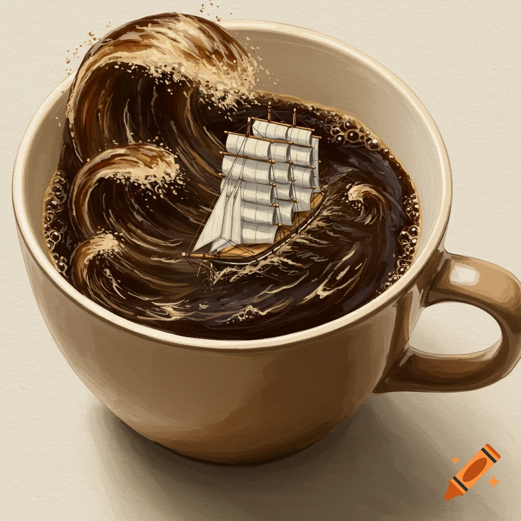 A sailboat is in a coffee mug during a storm.