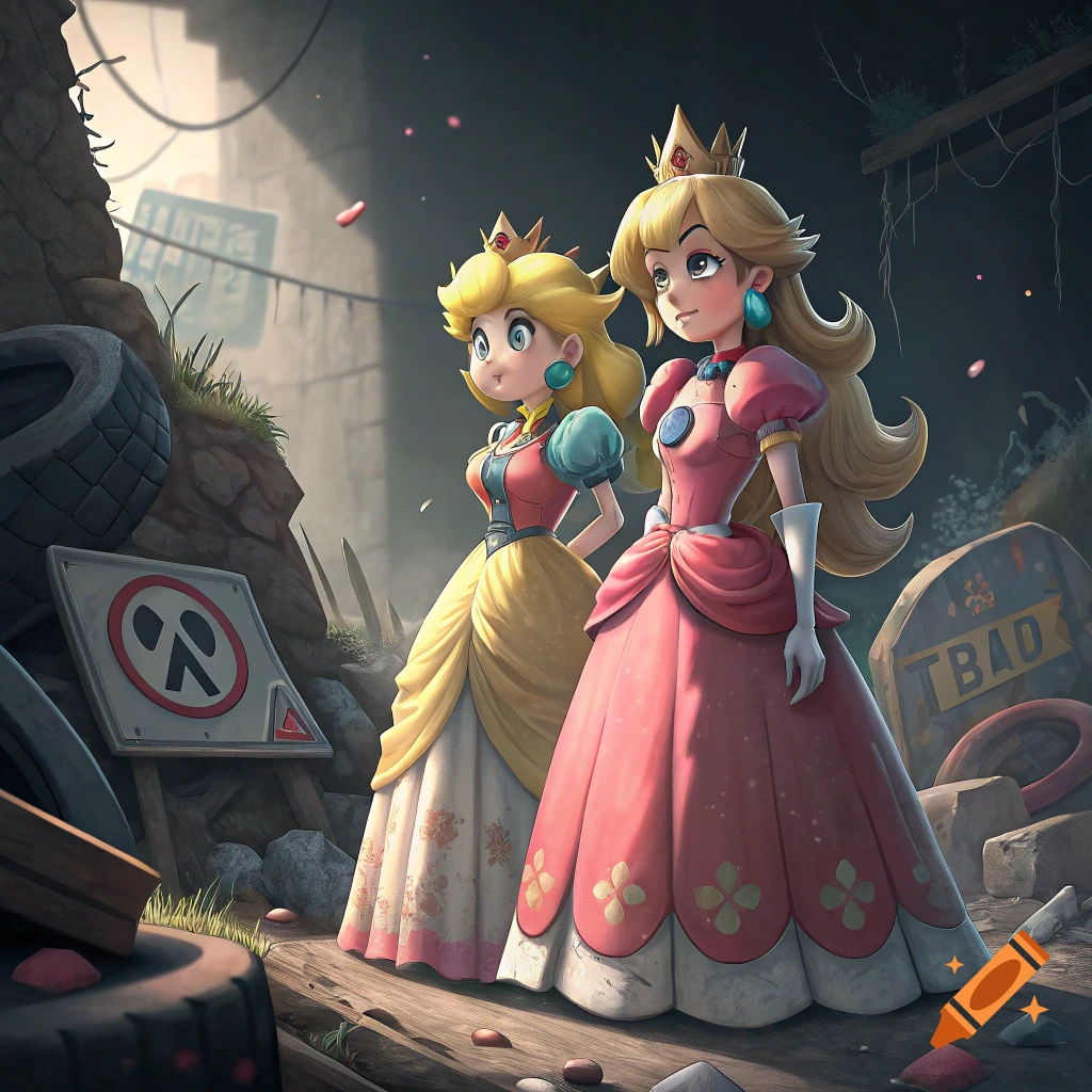 Two princesses resembling Peach and Sleeping Beauty stand in a ruined, debris-filled landscape.