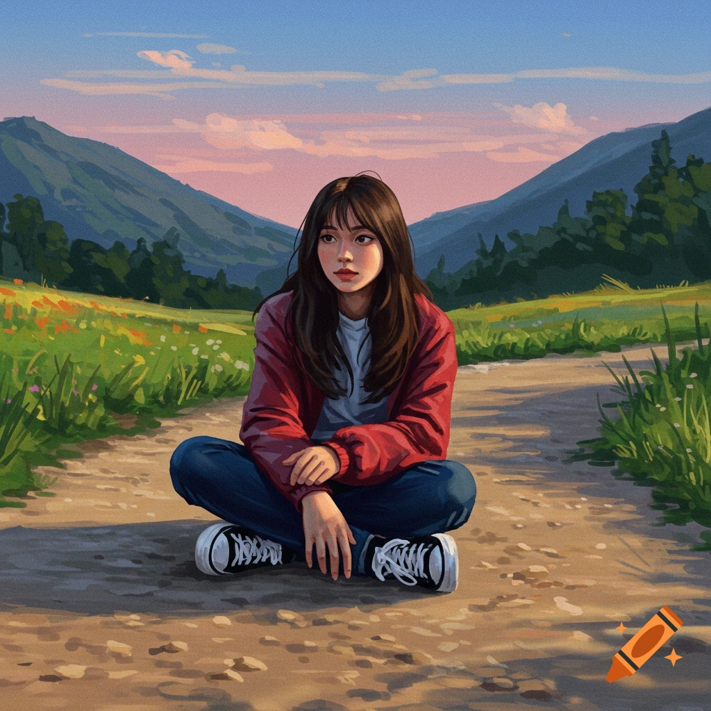 A person sitting on a path in a landscape with mountains.