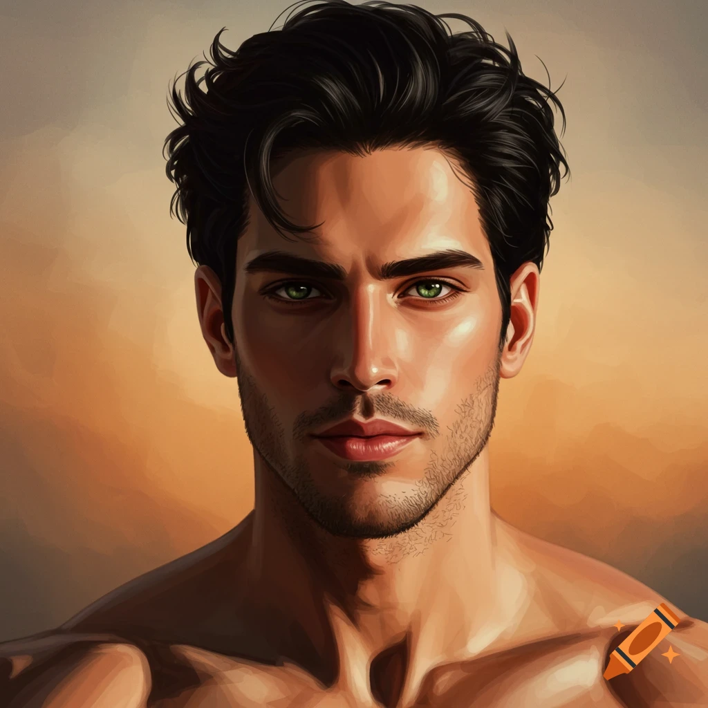 Portrait of a man with dark hair and green eyes, showing toned shoulders.
