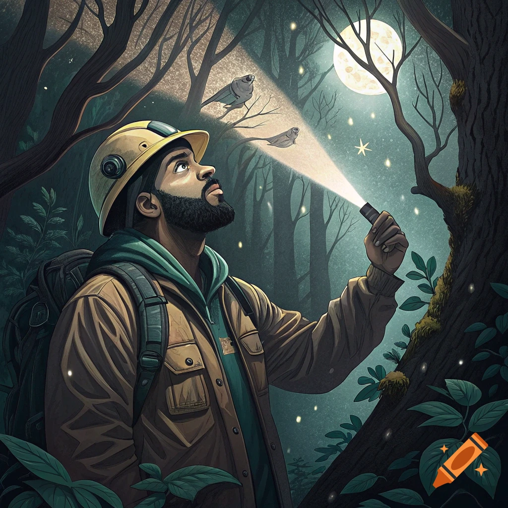 Stylized illustration of a man in a hard hat exploring a forest at night with a flashlight, looking up.