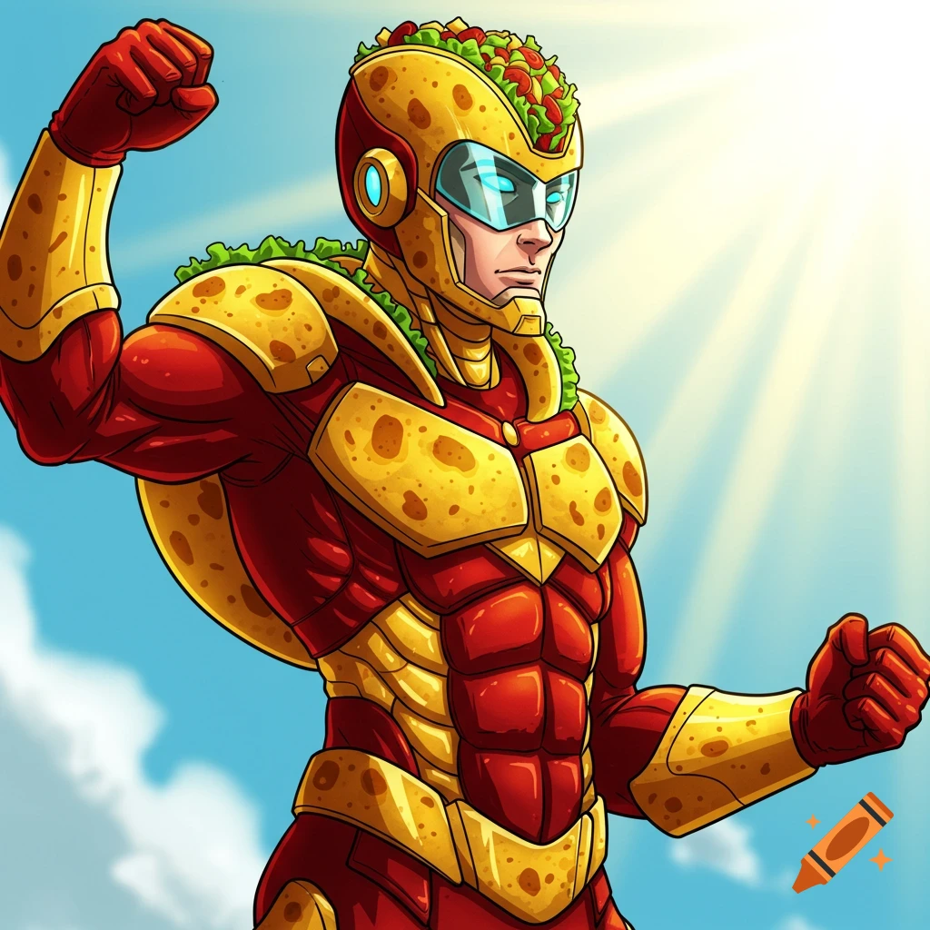 A superhero in a red and yellow taco-themed suit flexing his arm.