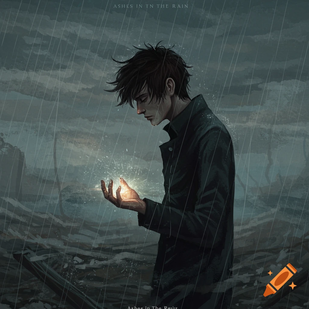A young man in a coat stands in the rain, looking at a glowing light in his hand.