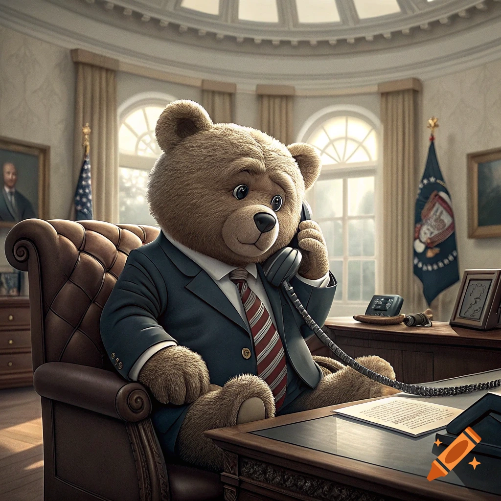 Teddy bear in suit sits at desk in office talking on phone