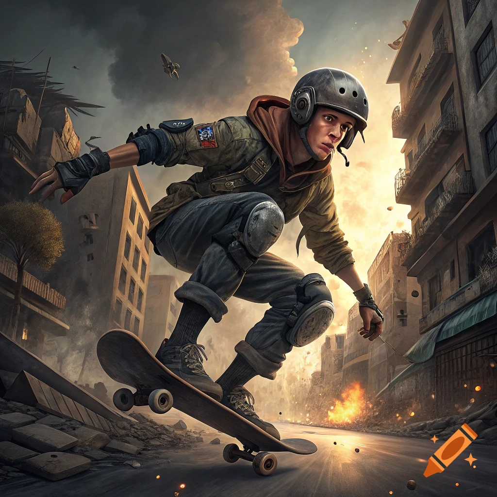 A person skateboards through a ruined city street with buildings collapsing and fires burning.
